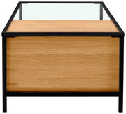 Moderner Couchtisch mit Glasplatte und Holzverkleidung, seitliche Perspektive