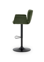 Zijaanzicht van een groene barkruk met een zwart metalen onderstel en voetsteun
