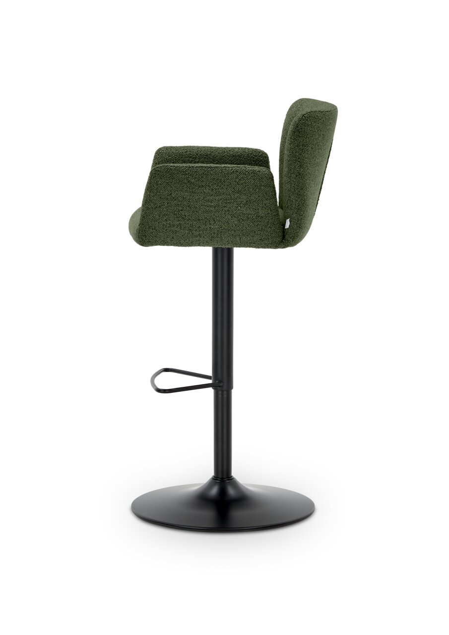 Zijaanzicht van een groene barkruk met een zwart metalen onderstel en voetsteun