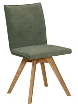 Moderner Stuhl mit grünem Stoffbezug und Holzbeinen, seitliche Perspektive