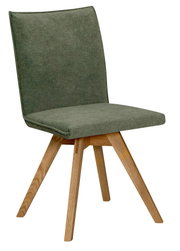 Moderne stoel met groene stoffen bekleding en houten poten, zijaanzicht