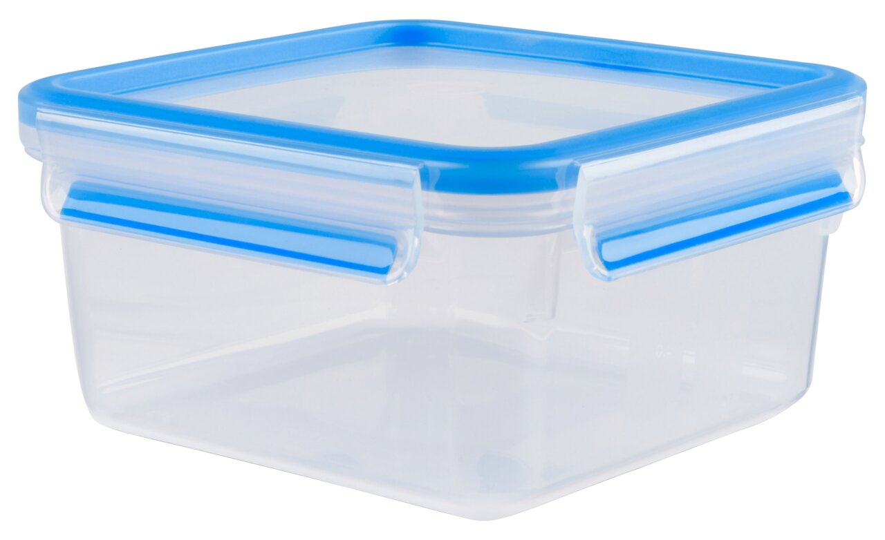 Transparente Frischhaltedose mit blauem Deckel, quadratische Form, seitliche Ansicht