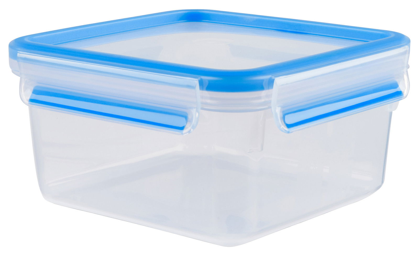 Transparente Frischhaltedose mit blauem Deckel, quadratische Form, seitliche Ansicht