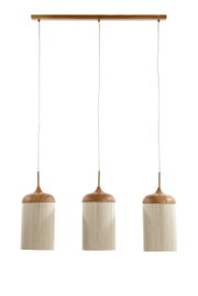 Dreiflammige Pendelleuchte mit Holz-Deckenbalken und drei zylindrischen Schirmen in hellem Holz/Beige, frontale Ansicht vor weißem Hintergrund