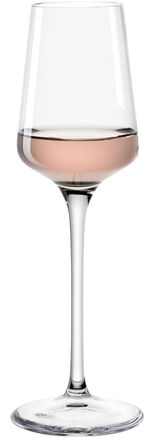 Grappaglas mit 120 ml Fassungsvermögen, gefüllt mit roséfarbenem Getränk, seitliche Ansicht