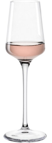 Grappaglas mit 120 ml Fassungsvermögen, gefüllt mit roséfarbenem Getränk, seitliche Ansicht