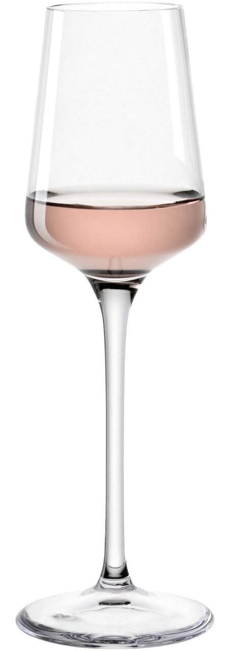 Grappaglas met een inhoud van 120 ml, gevuld met een rosékleurige drank, zijaanzicht