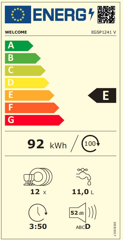 Energieeffizienzlabel der Geschirrspülmaschine mit Energieklasse E, 92 kWh Energieverbrauch pro 100 Zyklen, 12 Maßgedecke, 11,0 Liter Wasserverbrauch, 3:50 Stunden Laufzeit, 52 dB Lautstärke. Frontalansicht.