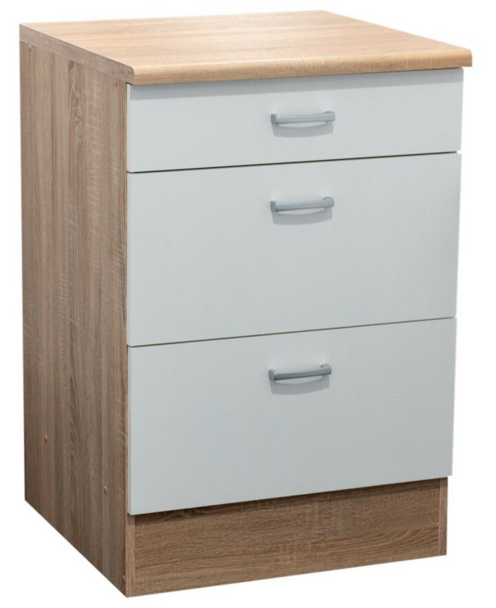 Unterschrank mit drei Schubladen in Holzoptik und weißer Front, perspektivisch von vorne links fotografiert