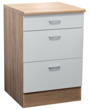 Unterschrank mit drei Schubladen in Holzoptik und weißer Front, perspektivisch von vorne links fotografiert