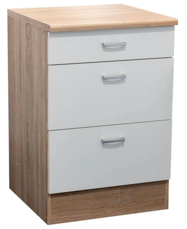 Unterschrank mit drei Schubladen in Holzoptik und weißer Front, perspektivisch von vorne links fotografiert