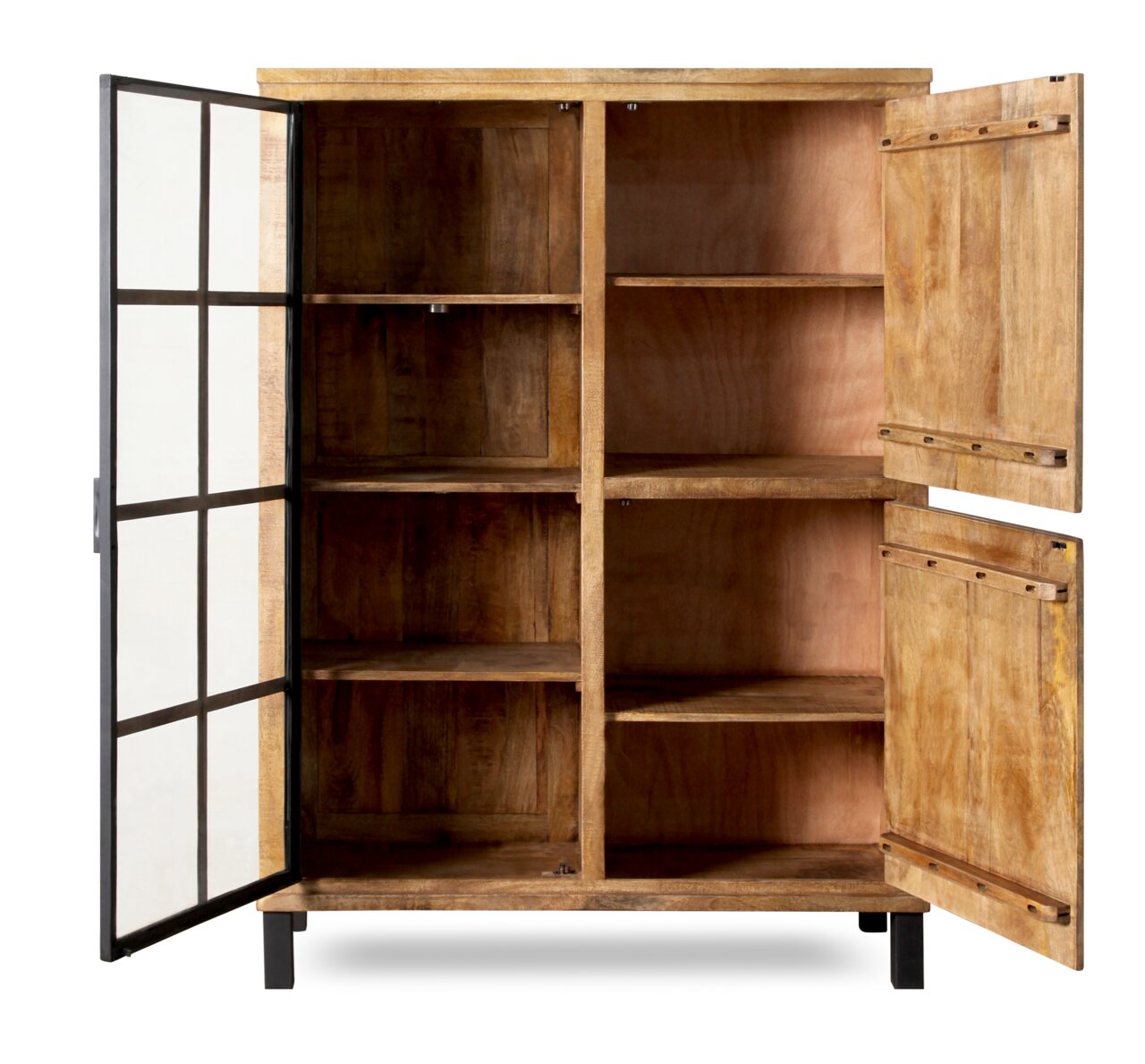 Offenes Highboard aus Holz mit mehreren Fächern, linke Tür mit Glaseinsatz, rechte Tür aus Holz, frontale Ansicht.