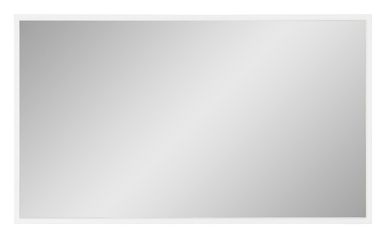Breiter rechteckiger Spiegel mit weißem Rahmen, frontal fotografiert.