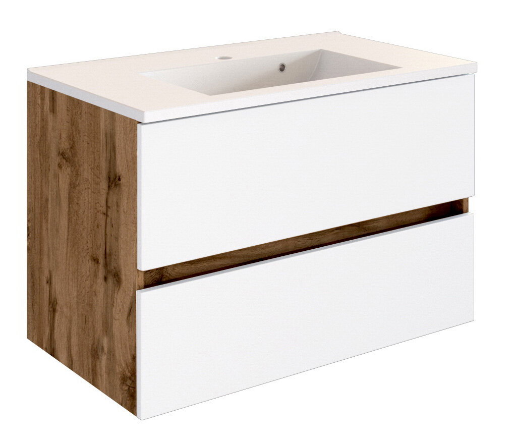 Moderner Waschplatz mit weißer Front und Holzoptik, seitliche Perspektive