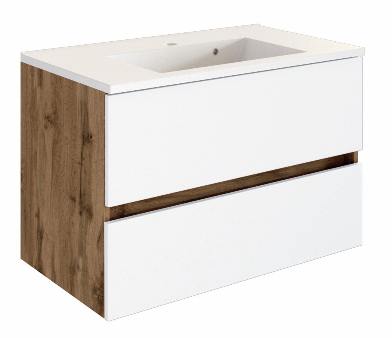 Moderner Waschplatz mit weißer Front und Holzoptik, seitliche Perspektive