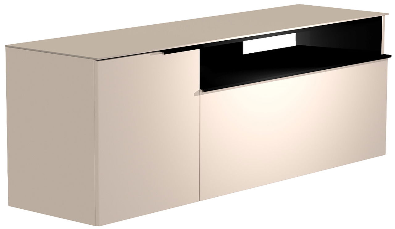 Hänge-Lowboard in beige mit schwarzem offenen Fach, seitliche Perspektive