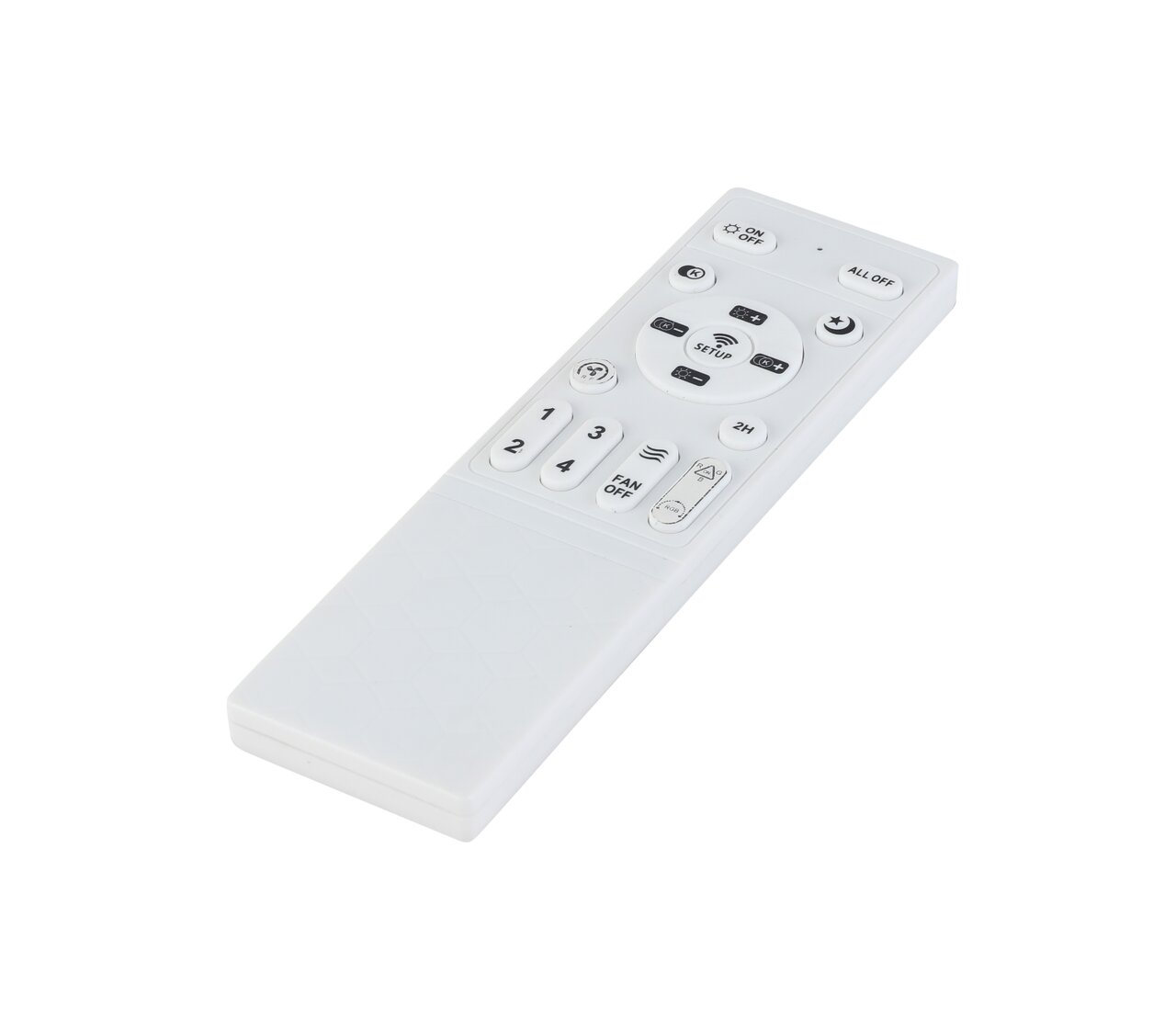 Weiße Fernbedienung für Deckenventilator, schräg von oben fotografiert