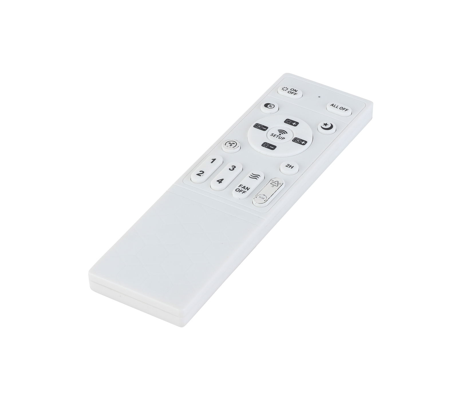 Weiße Fernbedienung für Deckenventilator, schräg von oben fotografiert