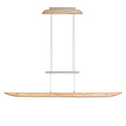 Moderne LED-Pendelleuchte aus Holz und Metall, seitliche Perspektive