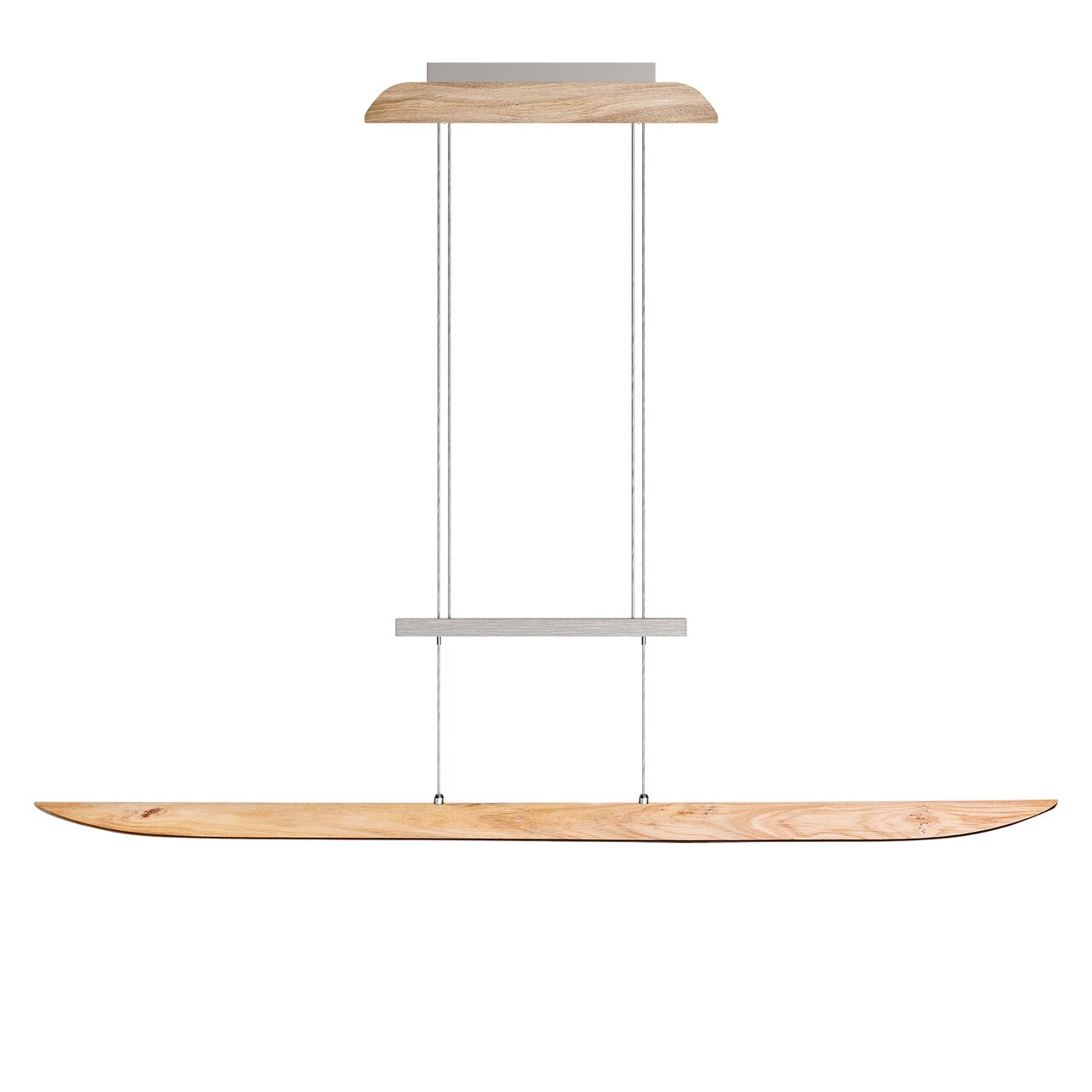 Moderne LED-Pendelleuchte aus Holz und Metall, seitliche Perspektive