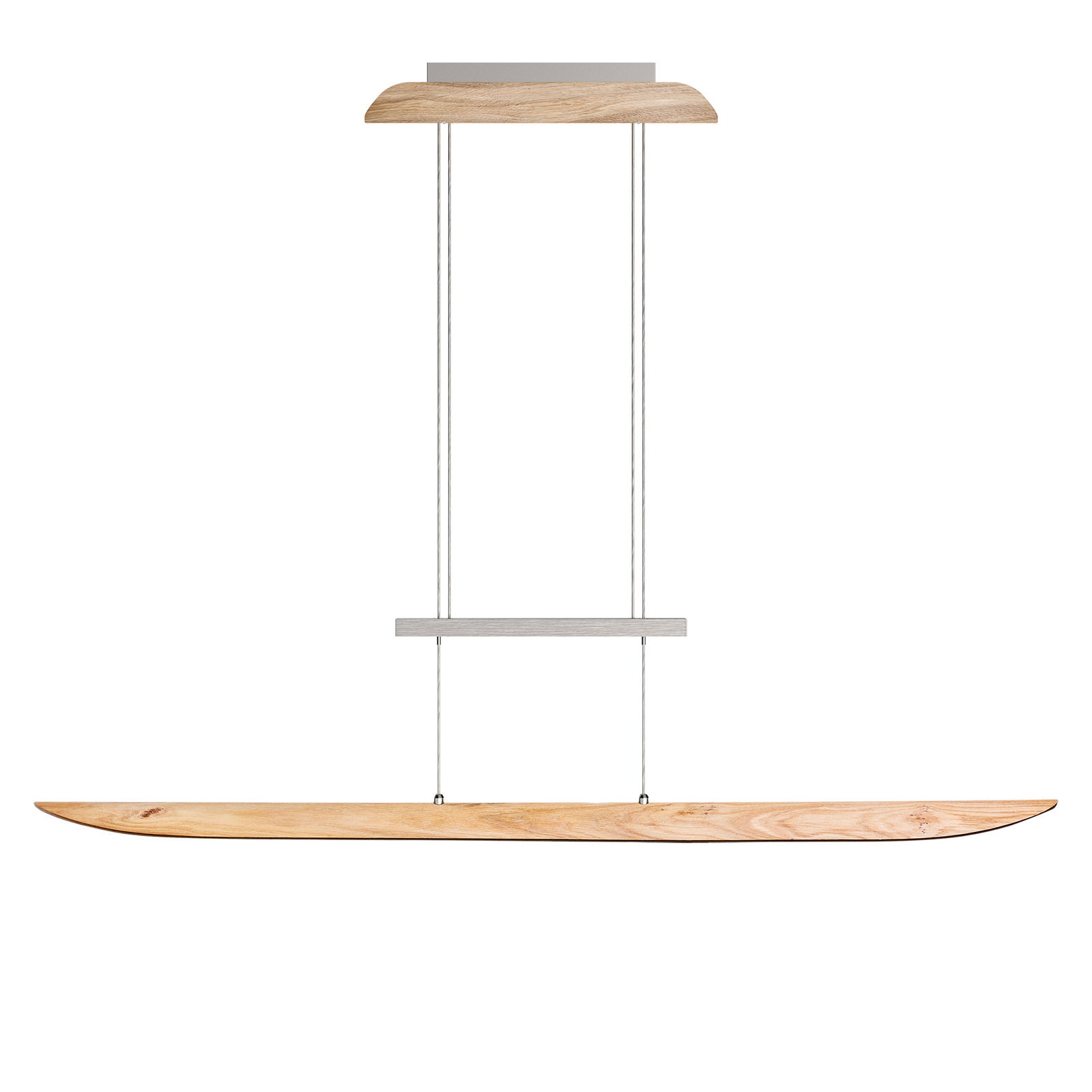 Moderne LED-Pendelleuchte aus Holz und Metall, seitliche Perspektive