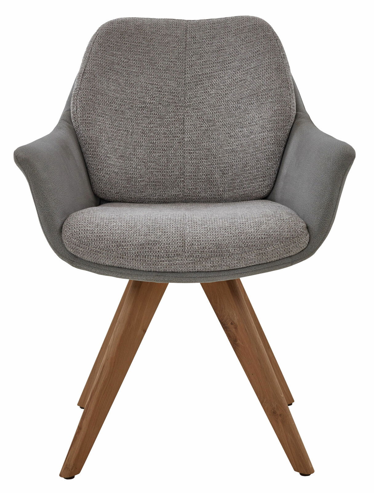 Grauer Armlehnstuhl mit Holzbeinen, Frontalansicht