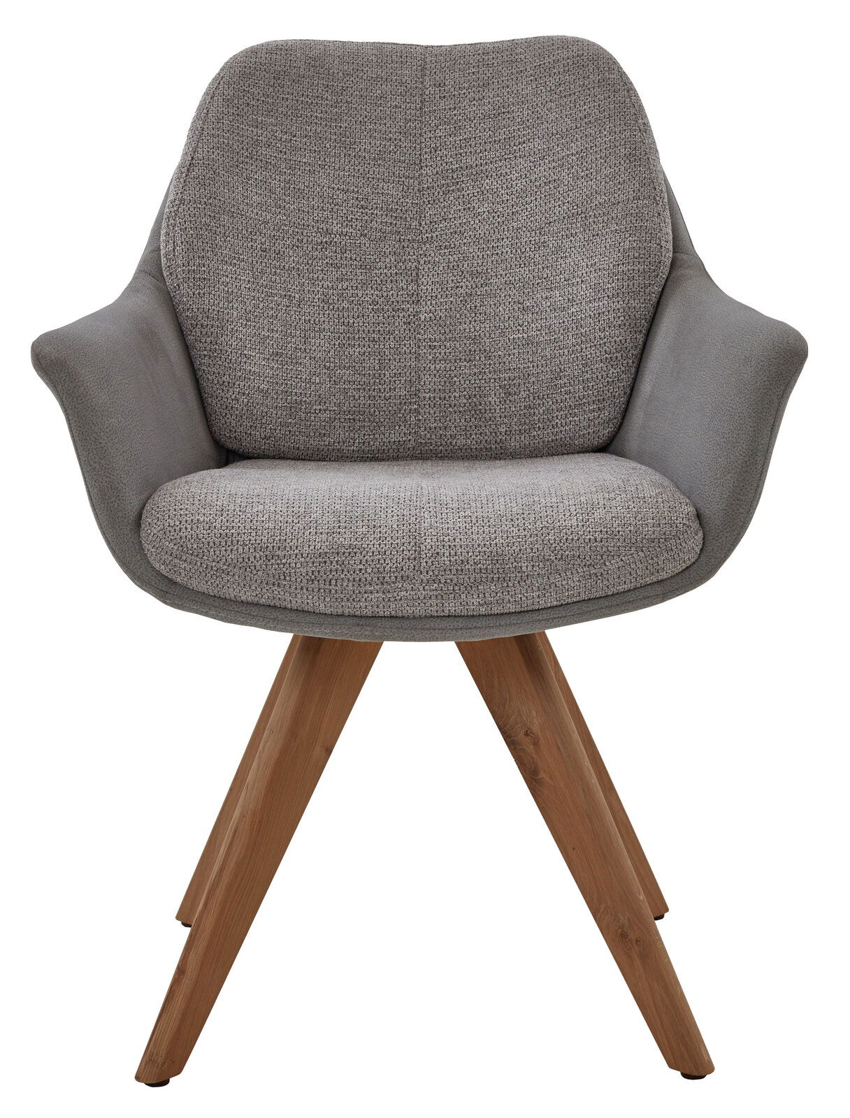 Grauer Armlehnstuhl mit Holzbeinen, Frontalansicht