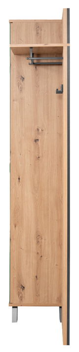 Seitliche Ansicht einer Garderobe aus Holz mit Metallhaken und Ablage.