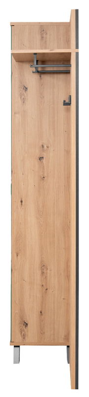 Seitliche Ansicht einer Garderobe aus Holz mit Metallhaken und Ablage.