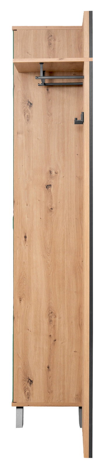 Seitliche Ansicht einer Garderobe aus Holz mit Metallhaken und Ablage.