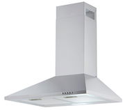 Silberne Dunstabzugshaube in Frontalansicht mit modernem Design und Bedienelementen an der Vorderseite.