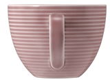Rosa Kaffeetasse mit geriffelter Oberfläche, seitliche Perspektive mit sichtbarem Henkel