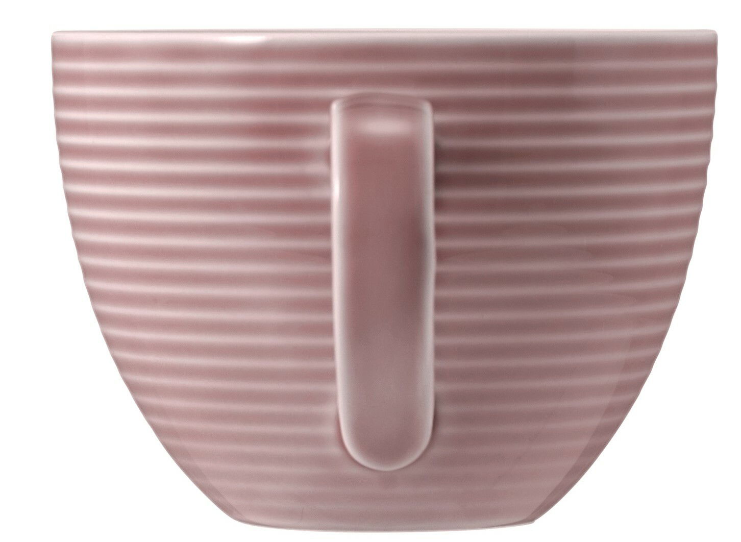 Rosa Kaffeetasse mit geriffelter Oberfläche, seitliche Perspektive mit sichtbarem Henkel