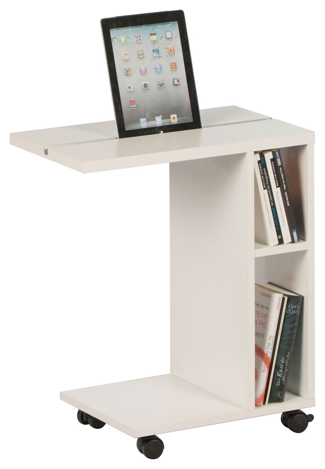 Moderner weißer Beistelltisch mit Rollen, seitlicher Bücherablage und Tablet-Halterung, seitliche Perspektive