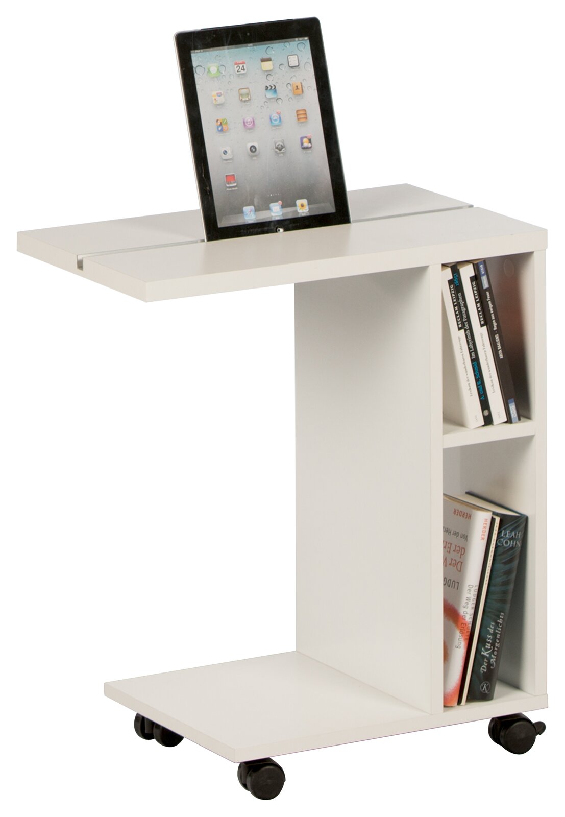 Z2 Beistelltisch LATINO Moderner weißer Beistelltisch mit Rollen, seitlicher Bücherablage und Tablet-Halterung, seitliche Perspektive