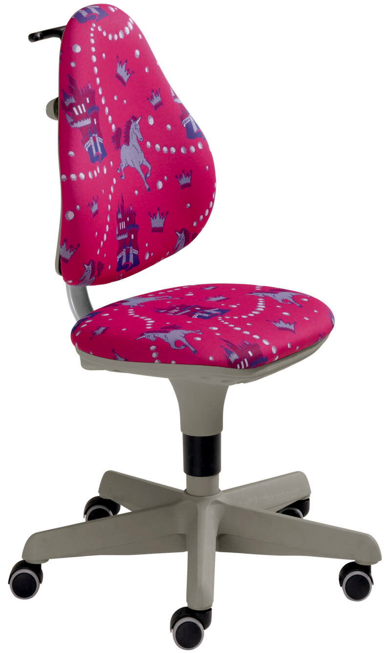 Jugenddrehstuhl mit pinkem Stoffbezug, verziert mit Einhörnern, Kronen und Schlössern, seitliche Perspektive