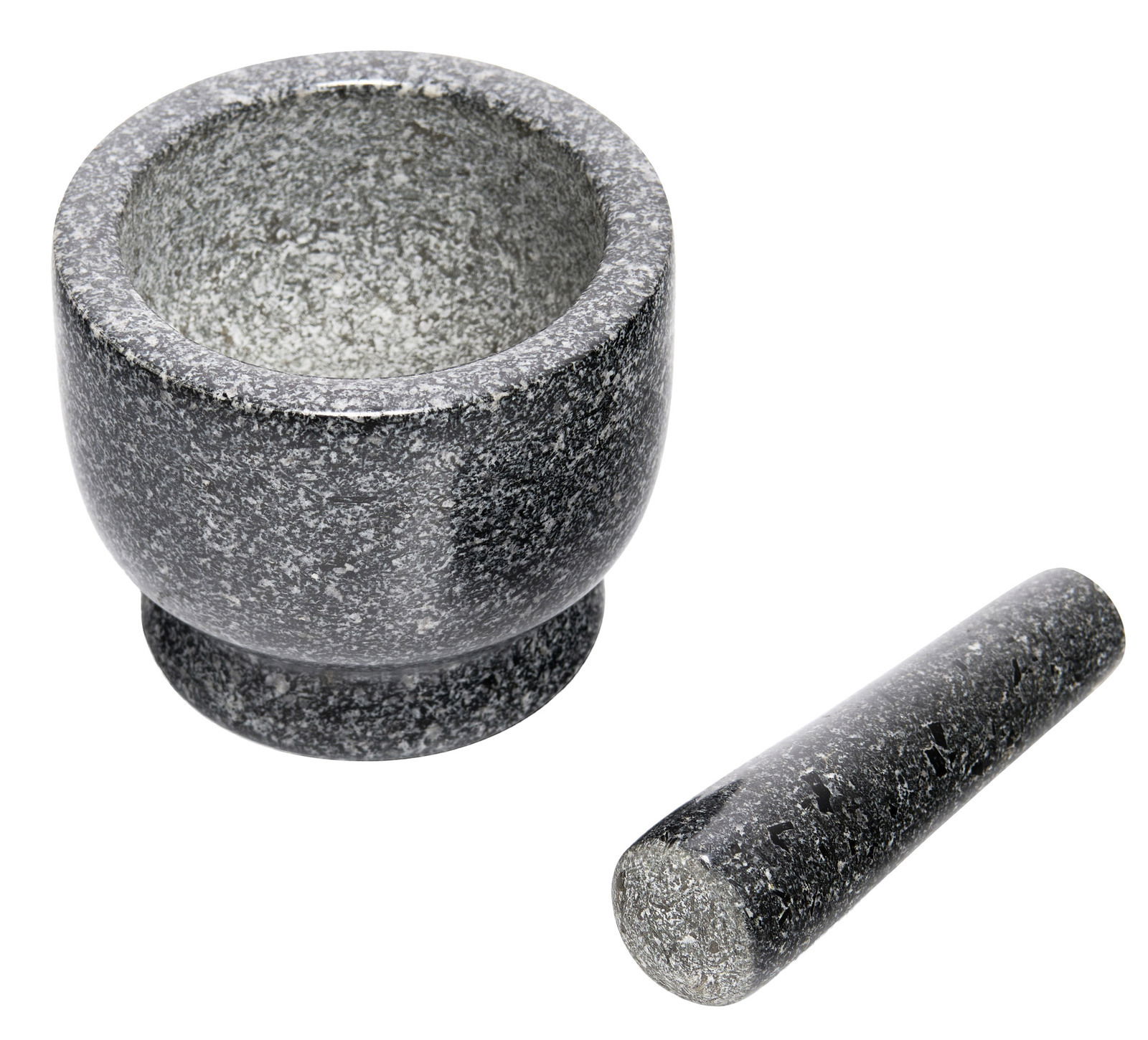 Mörser & Stößel-Set aus Granit, bestehend aus einem robusten, grauen Mörser und einem passenden Stößel, aus der Vogelperspektive fotografiert.