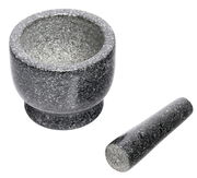 Mörser & Stößel-Set aus Granit, bestehend aus einem robusten, grauen Mörser und einem passenden Stößel, aus der Vogelperspektive fotografiert.