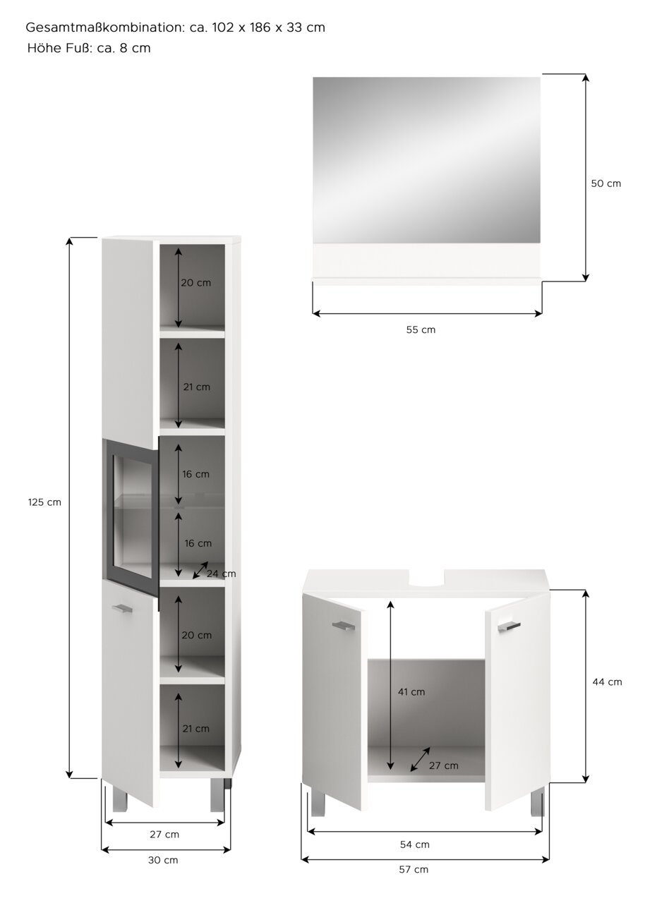 Badkombination BOSTON bestehend aus einem hohen Schrank mit mehreren Fächern und einer Spiegeltür, einem Waschbeckenunterschrank mit zwei Türen und einem Spiegel. Perspektive: Frontalansicht der Möbelstücke mit Maßangaben.