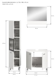 Badkombination BOSTON bestehend aus einem hohen Schrank mit mehreren Fächern und einer Spiegeltür, einem Waschbeckenunterschrank mit zwei Türen und einem Spiegel. Perspektive: Frontalansicht der Möbelstücke mit Maßangaben.