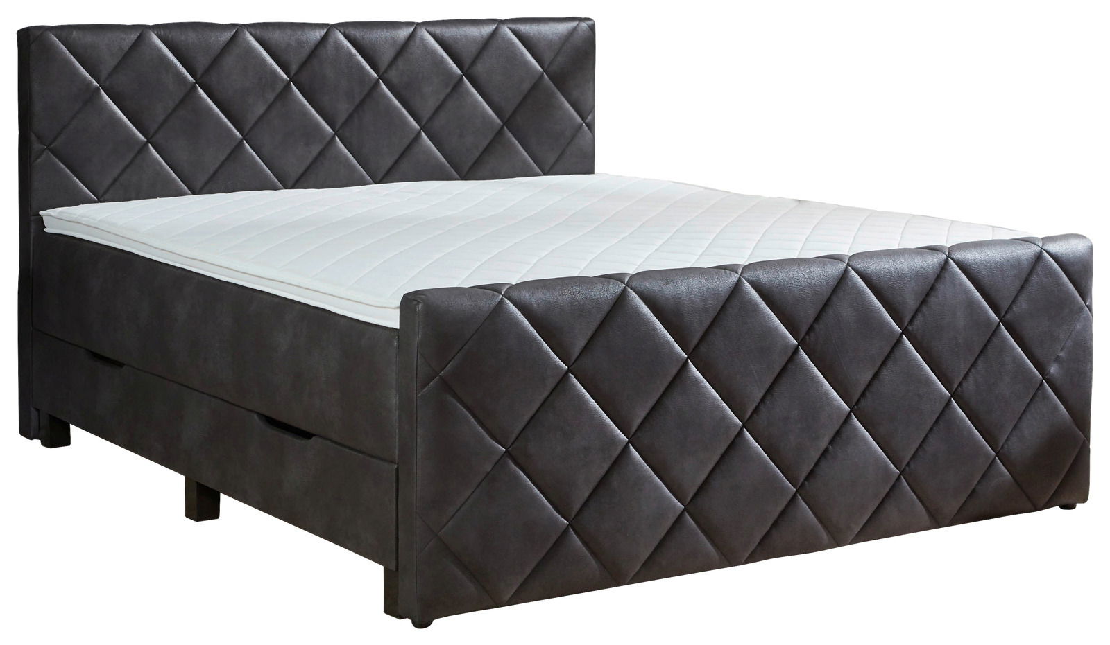 Z2 Boxbed BX2200 CHESTER Boxbett mit gestepptem Kopf- und Fußteil in dunklem Leder, seitliche Perspektive