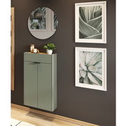 Garderobe Set 1 in modernem Design mit grünem Schrank, rundem Spiegel und Pflanzenbildern an der Wand, seitliche Perspektive