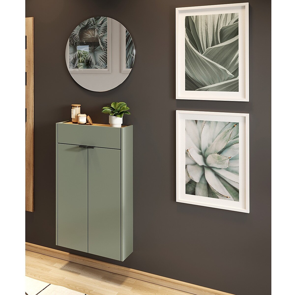 Garderobe Set 1 in modernem Design mit grünem Schrank, rundem Spiegel und Pflanzenbildern an der Wand, seitliche Perspektive