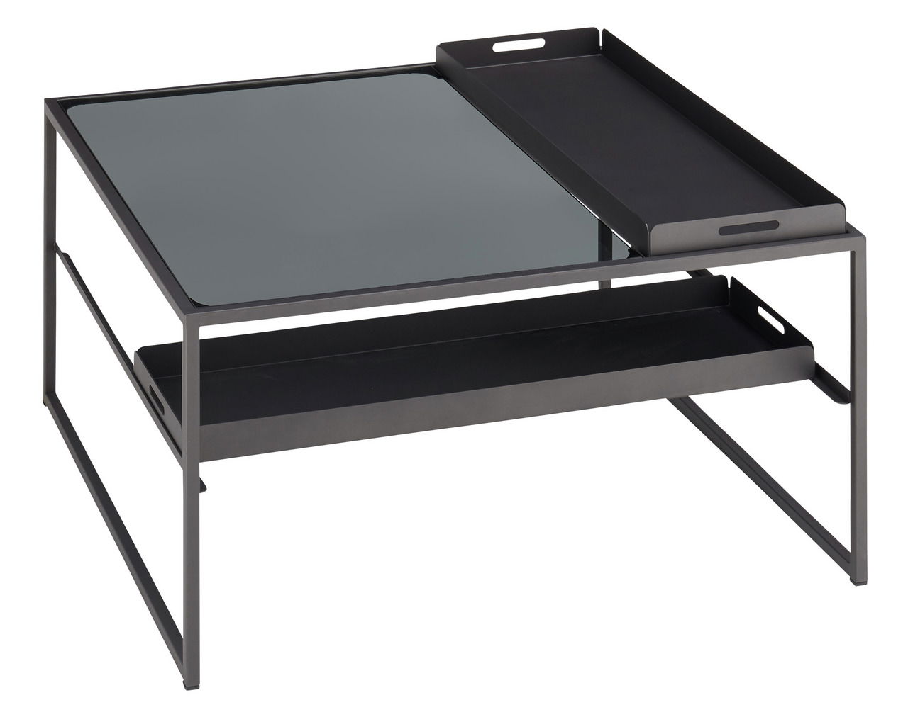 Moderner Couchtisch mit Glasplatte und abnehmbarem Tablett, seitliche Perspektive