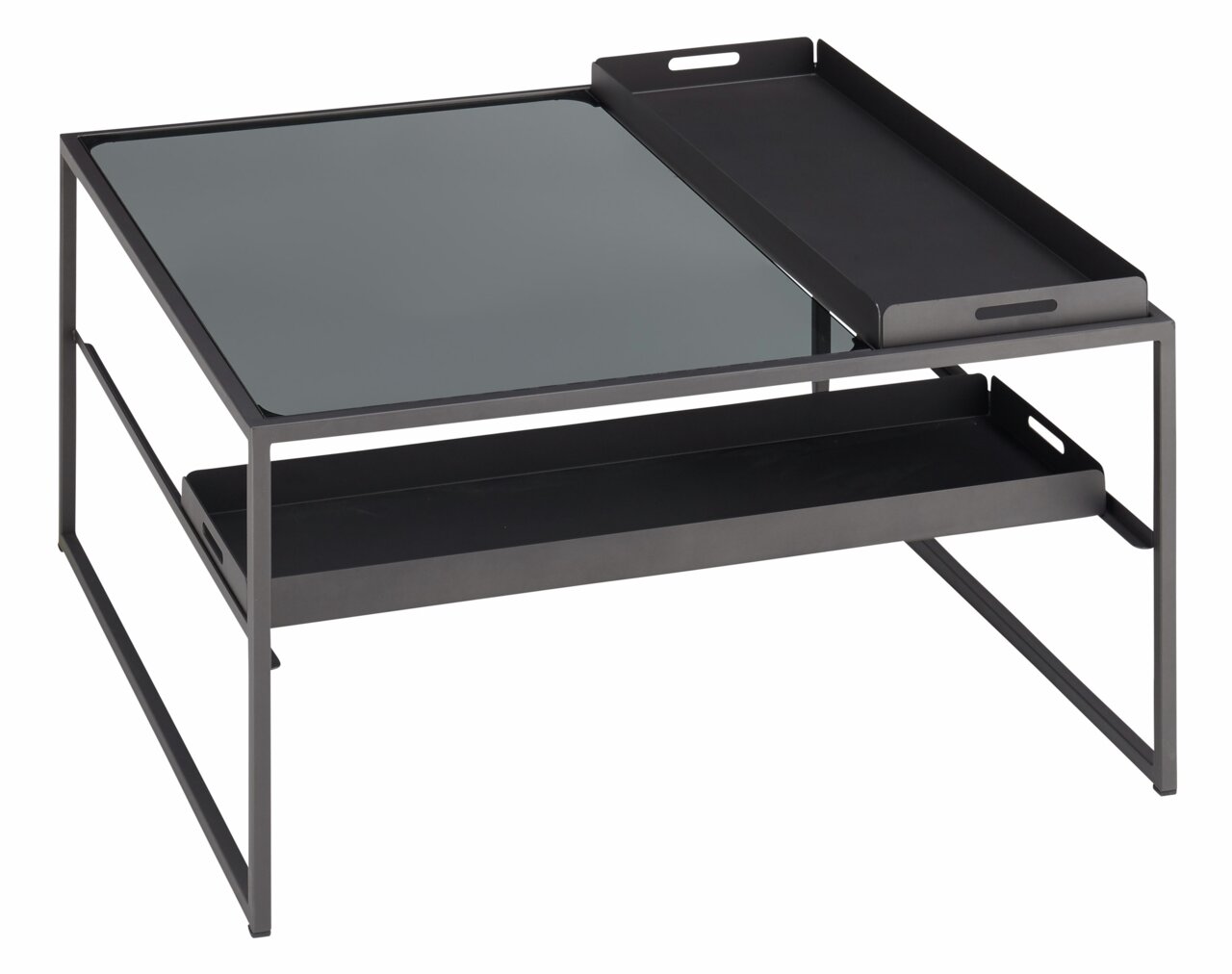 Moderner Couchtisch mit Glasplatte und abnehmbarem Tablett, seitliche Perspektive