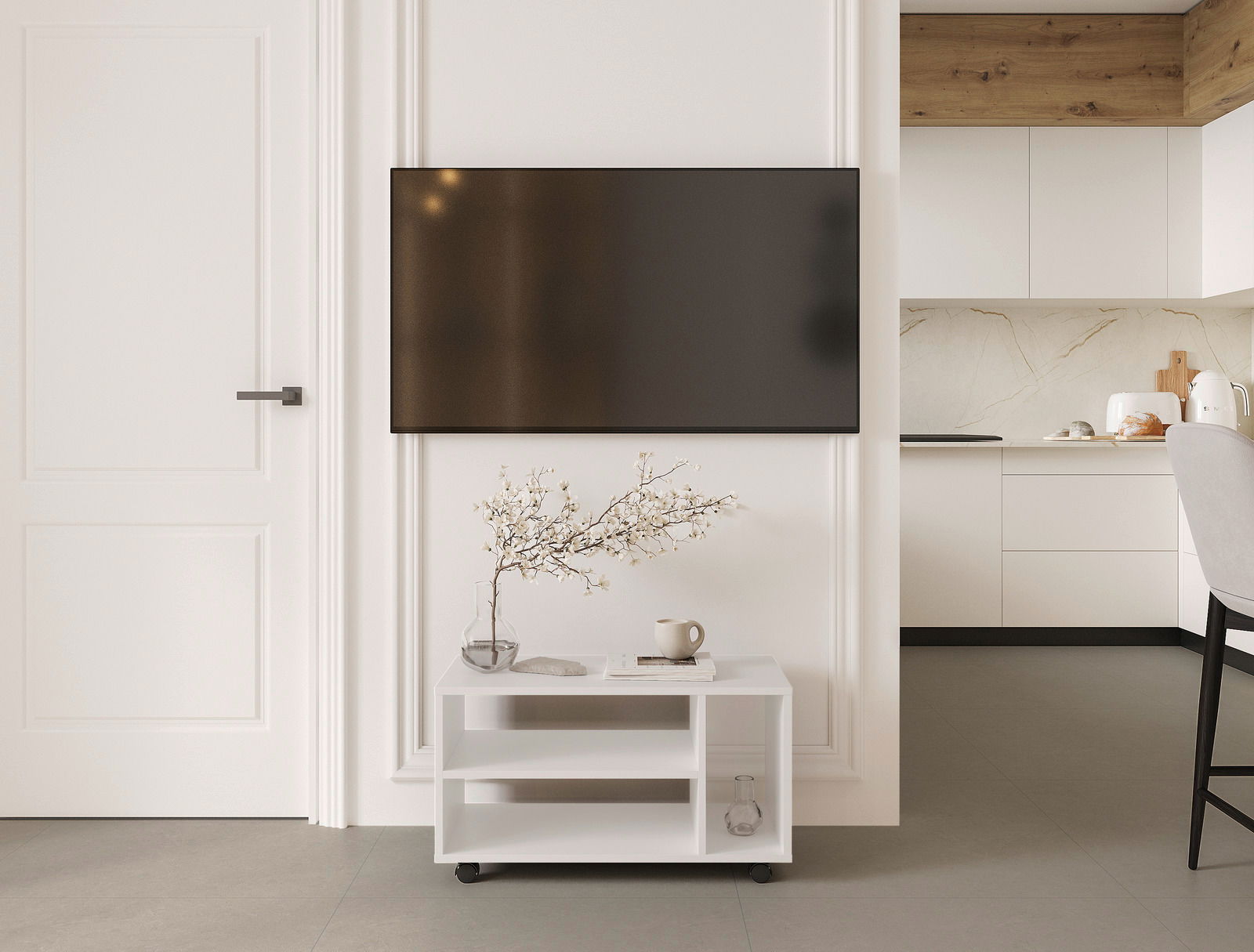 BOXXX TV-Rollwagen MAJA Weißer TV-Rollwagen mit zwei Regalböden, dekoriert mit einer Vase und einer Tasse, in einem modernen Wohnzimmer mit Blick auf die Vorderseite.