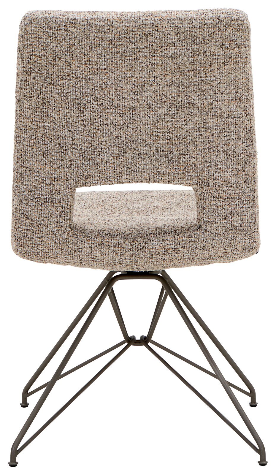 Rückansicht eines modernen Stuhls mit gepolsterter Rückenlehne und Metallbeinen in geometrischem Design.