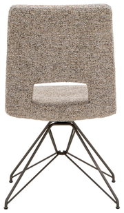 Rückansicht eines modernen Stuhls mit gepolsterter Rückenlehne und Metallbeinen in geometrischem Design.