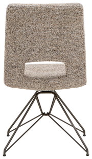 Rückansicht eines modernen Stuhls mit gepolsterter Rückenlehne und Metallbeinen in geometrischem Design.