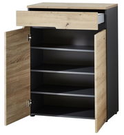 Garderobenschrank in Holzoptik mit schwarzem Korpus, geöffnete Türen und Schublade, frontale Perspektive